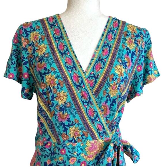 Zesica Blue Pink Floral Short Sleeve V-Neck Wrap Mini Summer Dress Small NEW - Picture 4 of 13